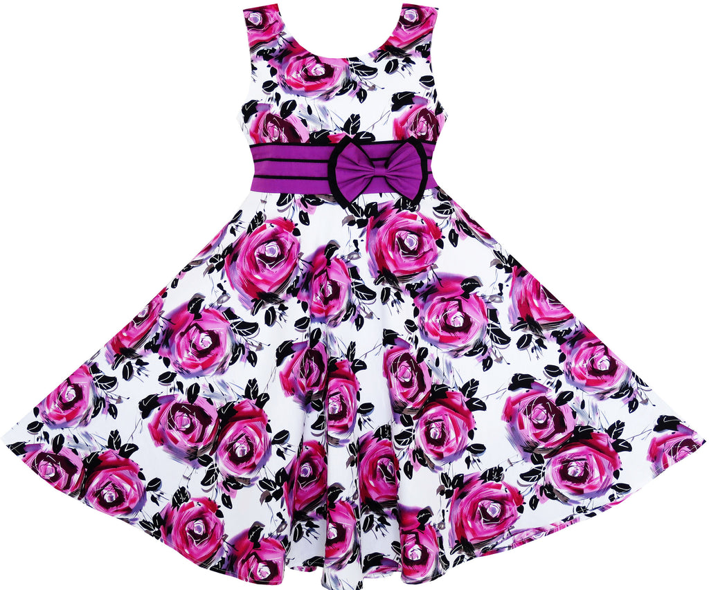 Girls Dress Princess Rose Flower Bow Tie Party Summer Cotton Size 6-12 Years