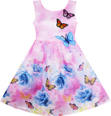 Girls Dress Rose Flower Print Butterfly Embroidery Purple Size 4-12 Years