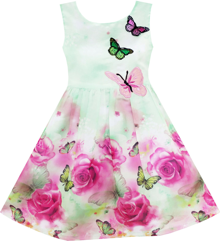 Girls Dress Rose Flower Print Butterfly Embroidery Green Size 4-12 Years