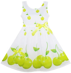 Girls Dress Green Apple Leaves Print Satin Bow Tie Size 2-6 Years