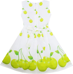 Girls Dress Green Apple Leaves Print Satin Bow Tie Size 2-6 Years