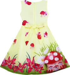 Girls Dress Mushroom Flower Grass Print Polka Dot Belt Yellow Size 4-12 Years