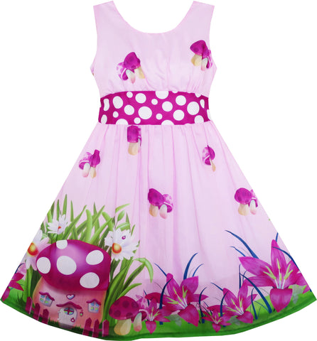 Girls Dress Mushroom Flower Grass Print Polka Dot Belt Purple Size 4-12 Years