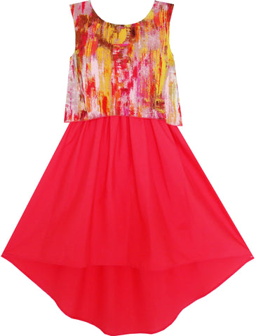 Girls Dress Turn-Down Collar Flower Chiffon Party Red Size 7-14 Years