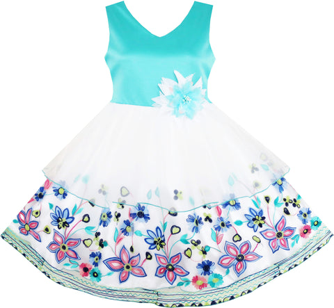 Girls Dress Elegant Princess Wedding Embroidered Flower Tulle Size 4-10 Years