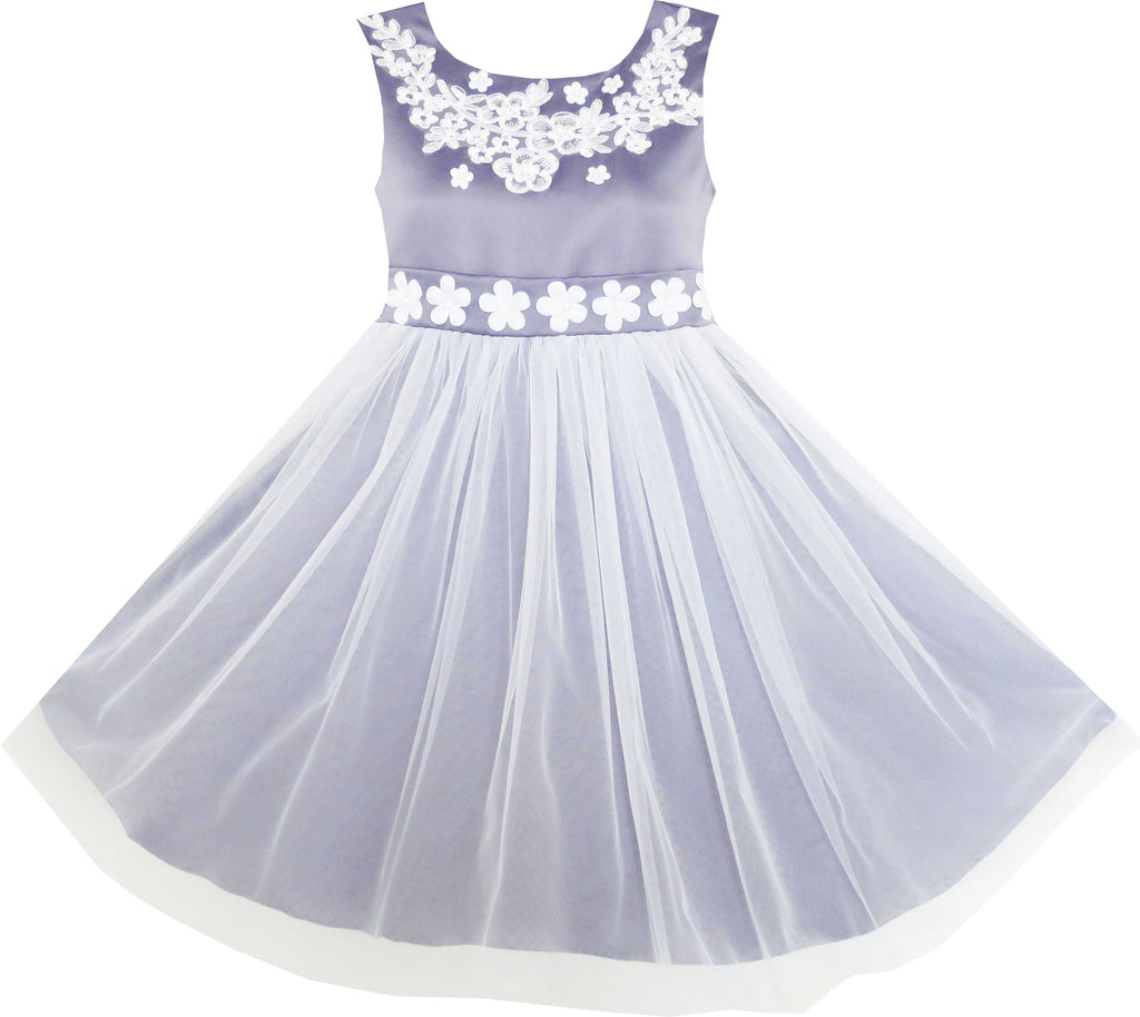 Girls Dress Sleeveless Embroidered Flower Tulle Overlay Grey Size 7-14 Years