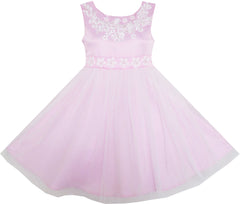 Girls Dress Sleeveless Embroidered Flower Tulle Overlay Pink Size 7-14 Years