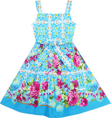 Girls Dress Sleeveless Halter Peony Flower Print Blue Pink Size 4-10 Years