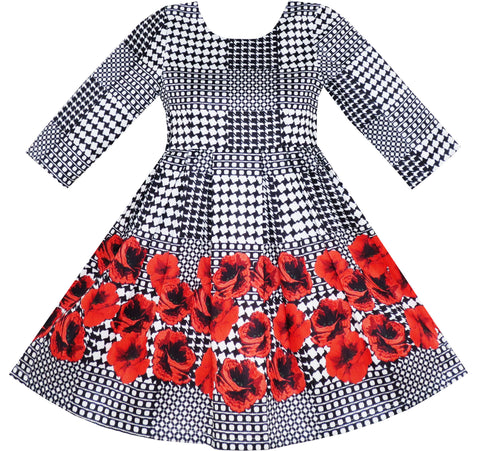 Girls Dress 3/4 Sleeve Elegant Black Checkered Red Flower Size 7-14 Years
