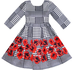 Girls Dress 3/4 Sleeve Elegant Black Checkered Red Flower Size 7-14 Years