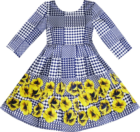 Girls Dress 3/4 Sleeve Elegant Blue Checkered Yellow Flower Size 7-14 Years