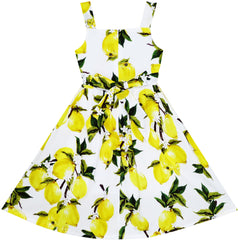 Girls Dress Sleeveless Fruit Yellow Lemon Green Leave Size 4-10 Years