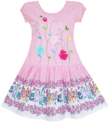 Girls Dress Embroidered Leaves Flower O-Neck Cotton Pink Size 7-14 Years
