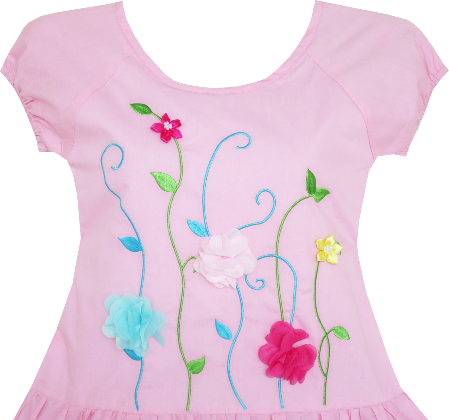 Girls Dress Embroidered Leaves Flower O-Neck Cotton Size 4-14 Years
