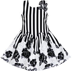 Girls Dress Sleeveless Black White Stripes Flower Bow Tie Size 7-14 Years
