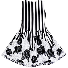 Girls Dress Sleeveless Black White Stripes Flower Bow Tie Size 7-14 Years