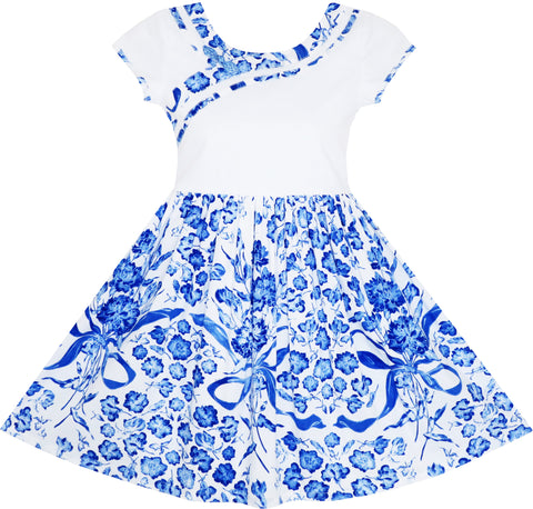 Girls Dress Blue White Porcelain Floral Printed Pageant Holiday Size 4-10 Years