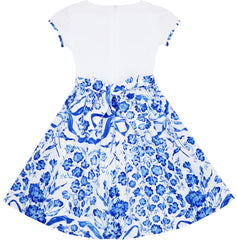 Girls Dress Blue White Porcelain Floral Printed Pageant Holiday Size 4-10 Years