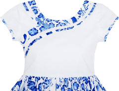 Girls Dress Blue White Porcelain Floral Printed Pageant Holiday Size 4-10 Years