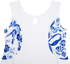 Girls Dress Blue White Porcelain Floral Printed Sleeveless Size 4-10 Years