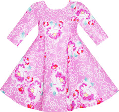 Girls Dress Pink Flower Print 3/4 Sleeve Autumn Winter Size 4-10 Years