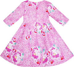 Girls Dress Pink Flower Print 3/4 Sleeve Autumn Winter Size 4-10 Years