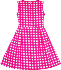 Girls Dress Transparent Shoulder Checkered Plaid Hot Pink Party Size 7-14 Years