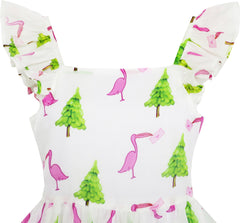 Girls Dress Pine Tree Bird Heron Letter Print Swing Shoulder Size 4-12 Years