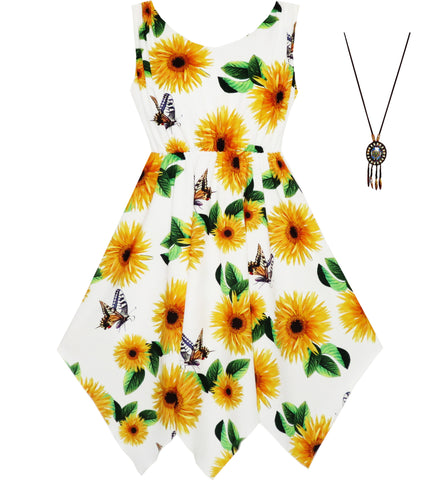 Girls Dress Sunflower Butterfly Hanky Hem Party Beach Necklace Size 7-14 Years