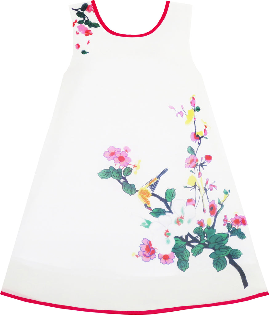 Girls Dress Retro Chinese Drawing Style Bird Floral Tree Beach Size 7-14 Years