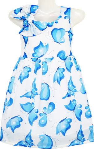 Girls Dress Beaded Bow Tie Pearl Butterfly Flowers Party Flare Blue Size 7-14 Years
