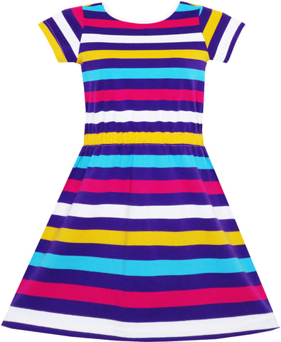Girls Dress Colorful Striped Knitted Cotton Stretch School Size 4-10 Years