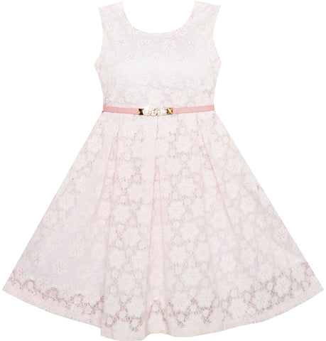 Girls Dress Floral Lace Jeweled Pearl Belt Wedding Pageant Pink Size 4-14 Years