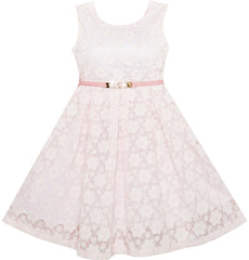 Girls Dress Floral Lace Jeweled Pearl Belt Wedding Pageant Pink Size 4-14 Years