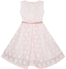 Girls Dress Floral Lace Jeweled Pearl Belt Wedding Pageant Pink Size 4-14 Years
