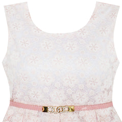 Girls Dress Floral Lace Jeweled Pearl Belt Wedding Pageant Pink Size 4-14 Years