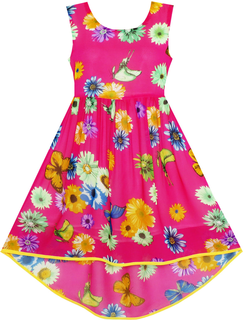 Girls Dress Hi-lo Maxi Chiffon Butterfly Flower Party Evening Size 7-14 Years