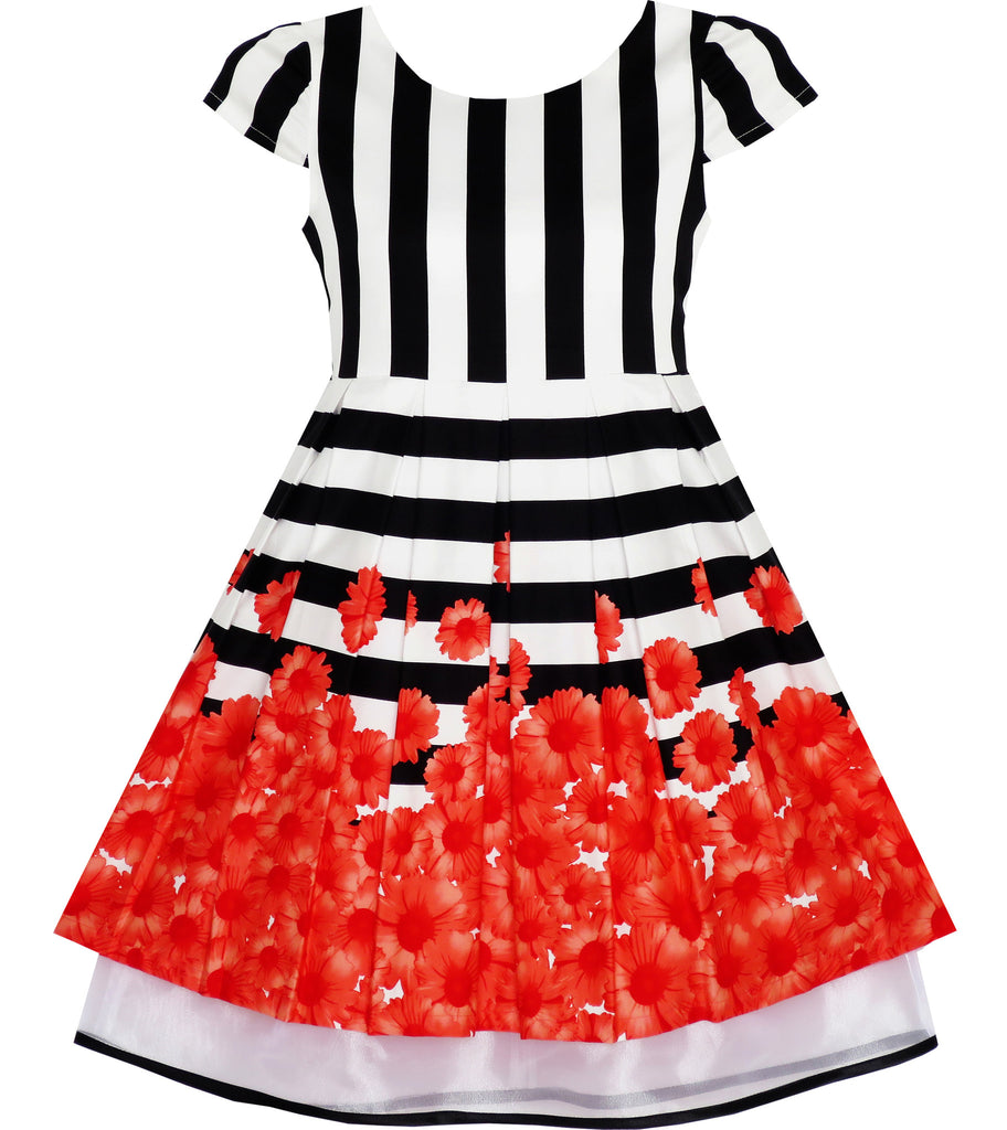 Girls Dress Black White Striped Red Flower Organza Hem Party Size 7-14 Years