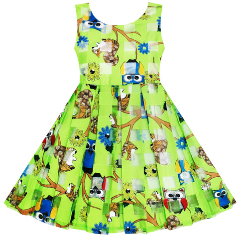 Girls Illusion Checkered Organza Dress Owl Squirrel Print Cute Party Size 2-6 Years
