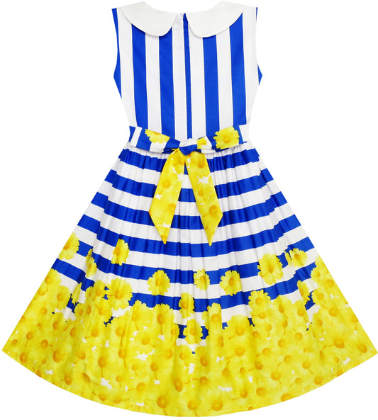 Girls Dress Navy Blue Striped Collar School Size 7-14 Years
