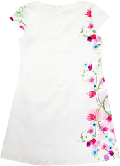 Girls Dress White Satin Flower Print Cap Sleeve Party Beach Size 4-14 Years