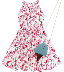 Girls Plum Flower Print Dress With Ice Cream Handbag Size 4-8 Years