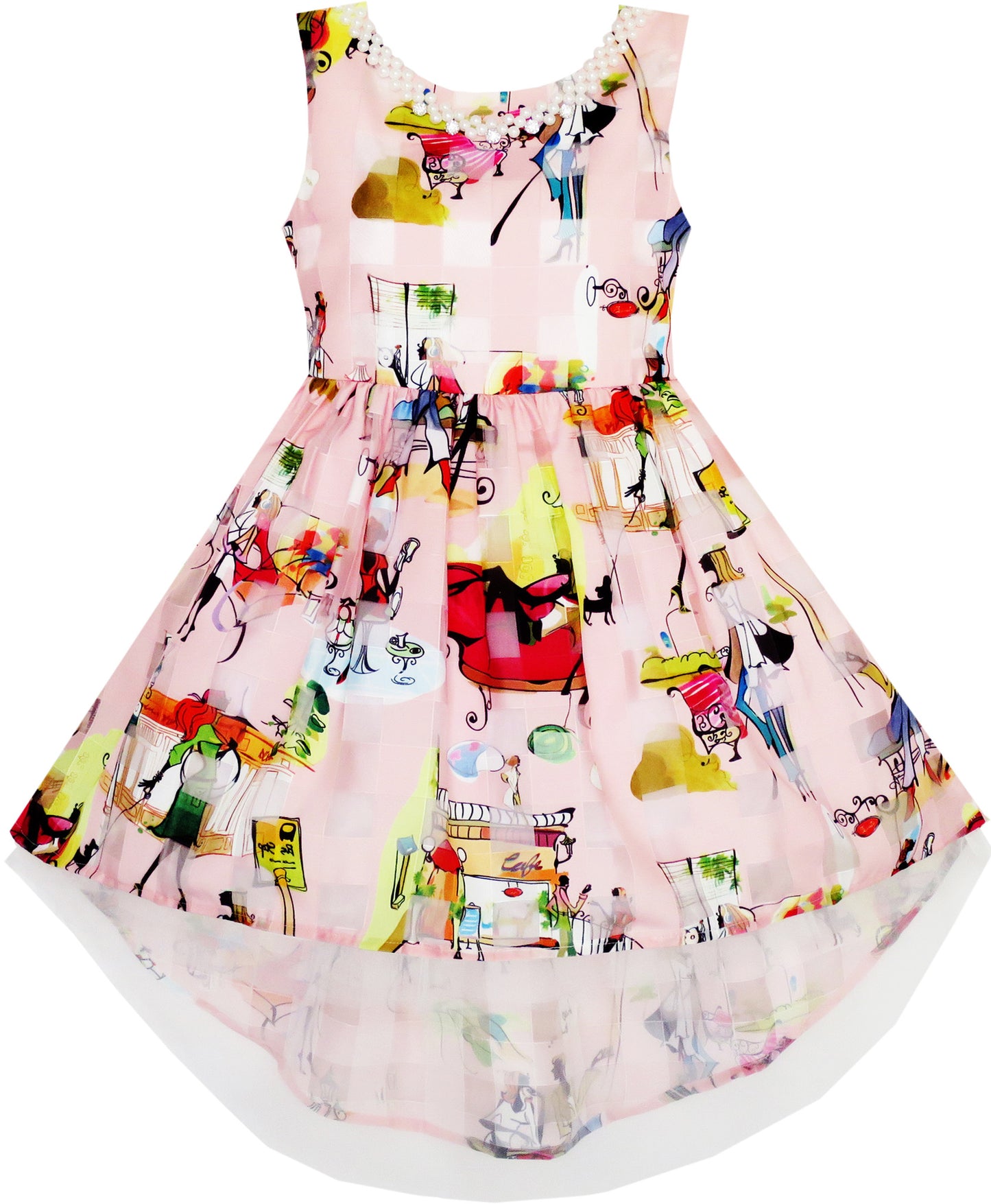 Girls Hi-Lo Dress Checkered Tulle Pearl Necklace Princess Pageant Size 4-14 Years