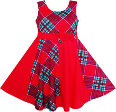 Girls Red Checkered Contrast Dress Party Size 7-14 Years