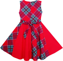 Girls Red Checkered Contrast Dress Party Size 7-14 Years