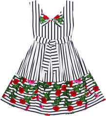 Girls Dress Striped Red Rose Bow Tie Princess Party School Size 4-12 Years