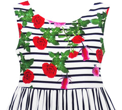 Girls Dress Striped Red Rose Bow Tie Princess Party School Size 4-12 Years