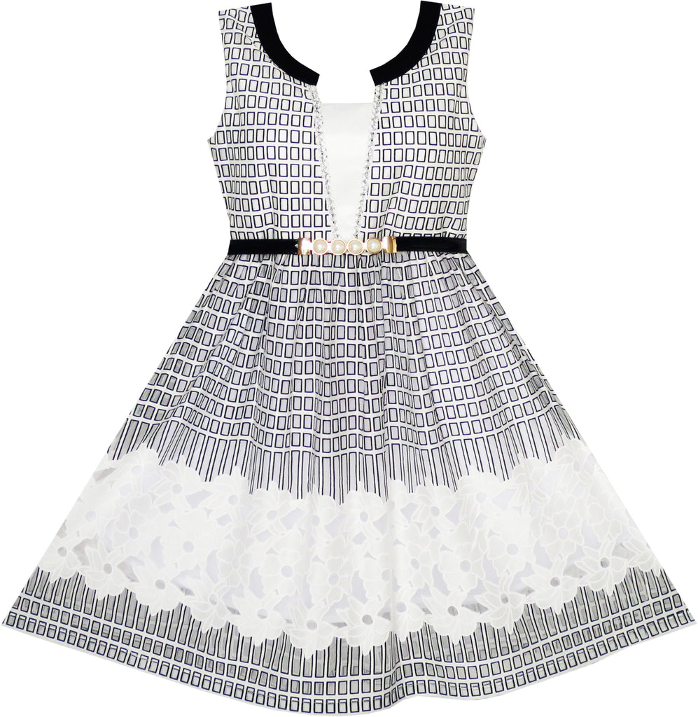 2-in-1 Girls Party Dress Checkered Black White Lace Belt Princess Size 7-14 Years
