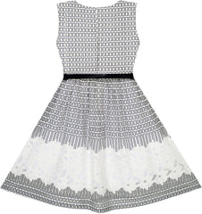 2-in-1 Girls Party Dress Checkered Black White Lace Belt Princess Size 7-14 Years