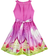 Girls Dress Purple Love Heart House Pleated Hem Party Wedding Size 7-14 Years